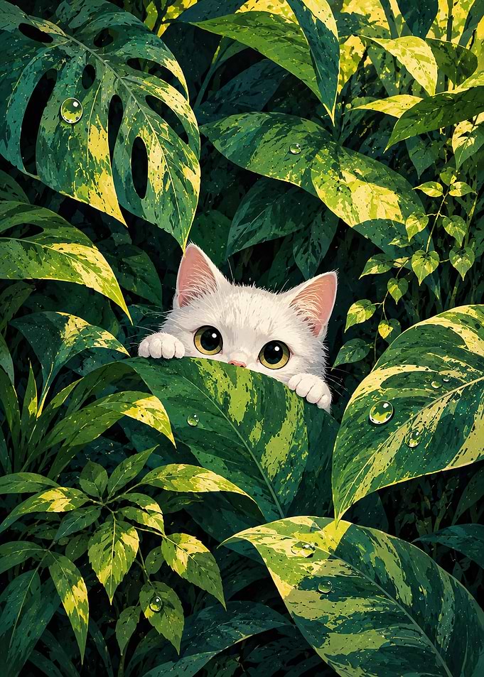 Cute White Kitten Peeking Through Leaves