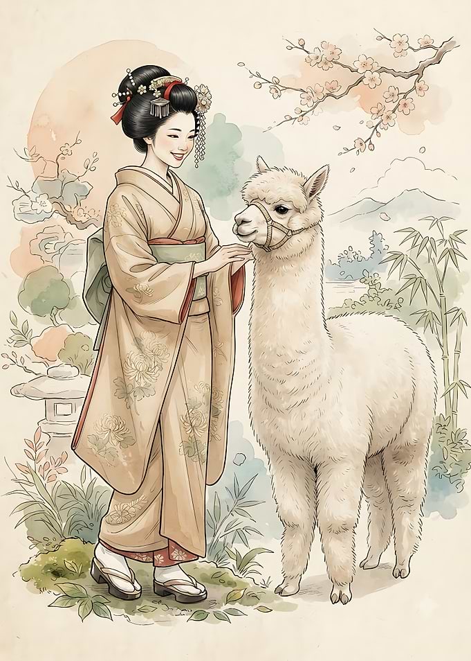 Geisha with Alpaca in Garden