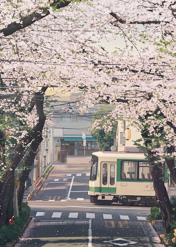 Nihonga Cherry Blossom Tram Street
