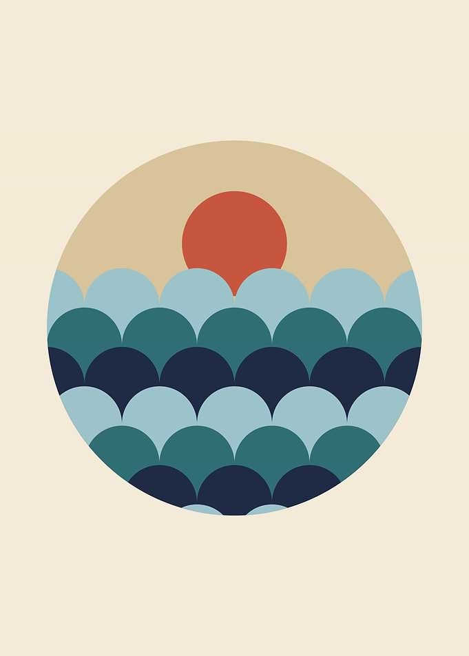 Ocean Scallop Waves Sunset Geometric Print