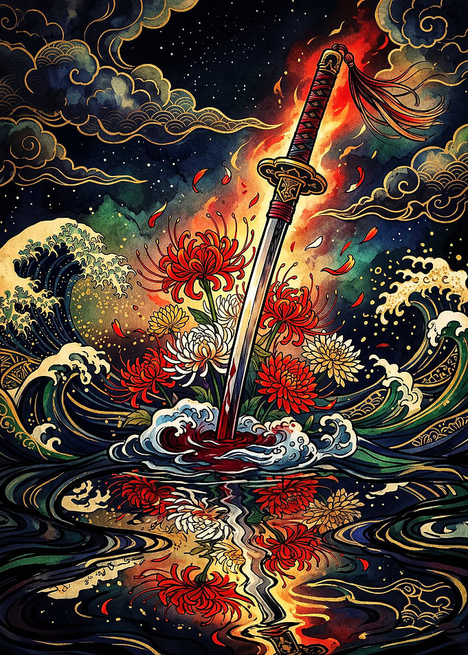 Katana Blade Amidst Flowers and Waves