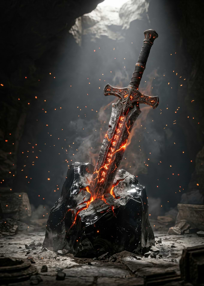 Glowing Runes Sword in Stone