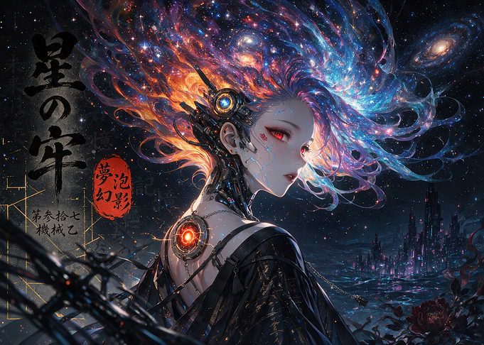 Cybernetic Anime Girl with Galaxy Hair