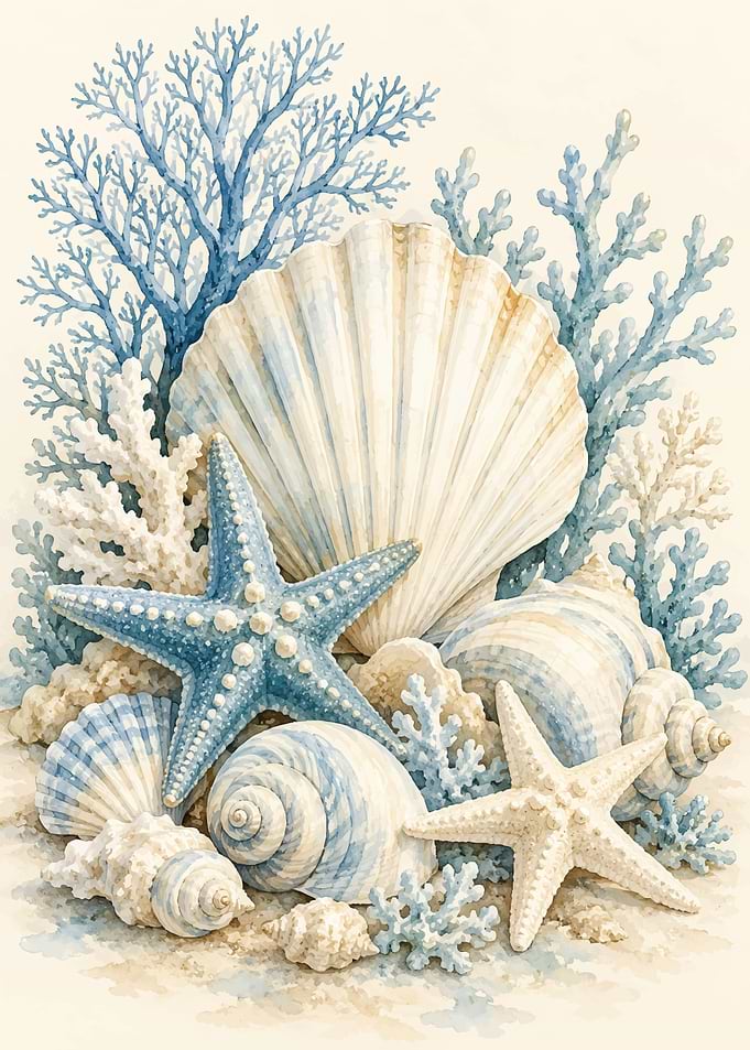 Watercolor Coastal Seashell and Coral Arrangement