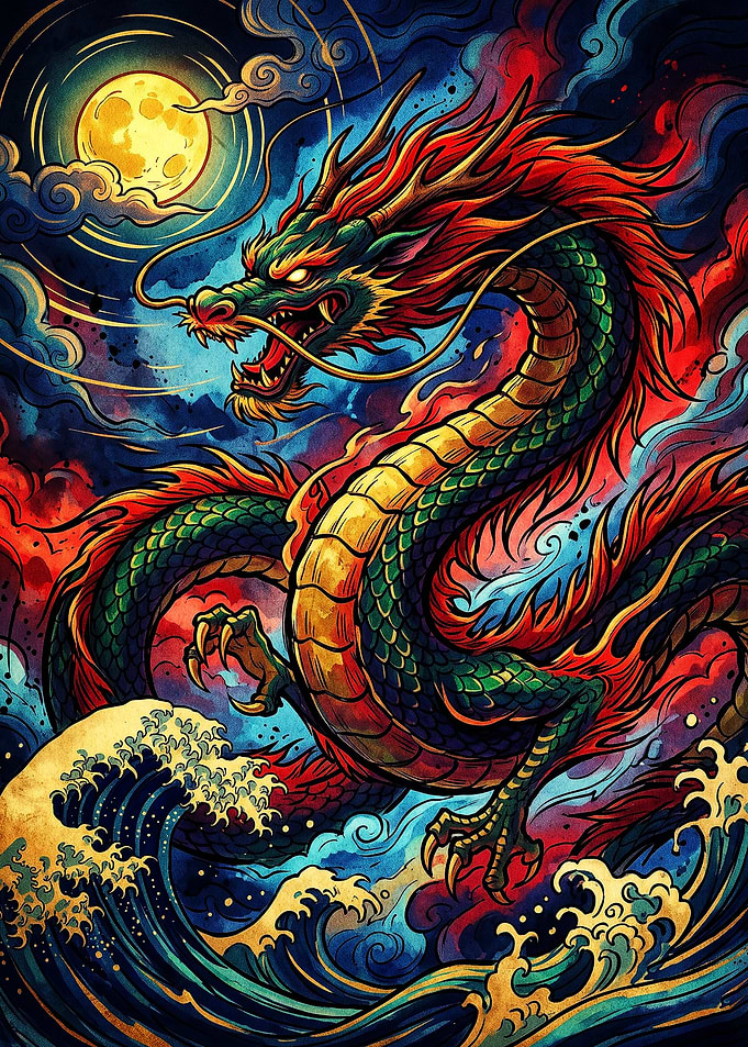 Majestic Japanese Dragon Over Ocean Waves