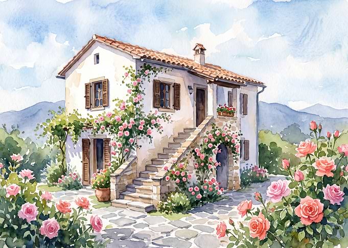 Watercolor Tuscan Villa with Roses