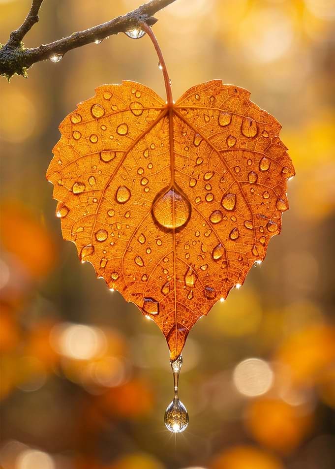 Golden Autumn Leaf with Raindrops