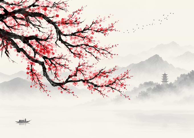 Traditional Ink Wash Cherry Blossom Landscape