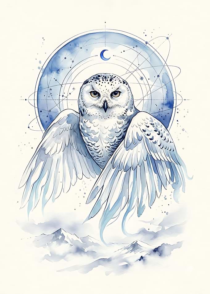 Celestial Snowy Owl Watercolor Illustration