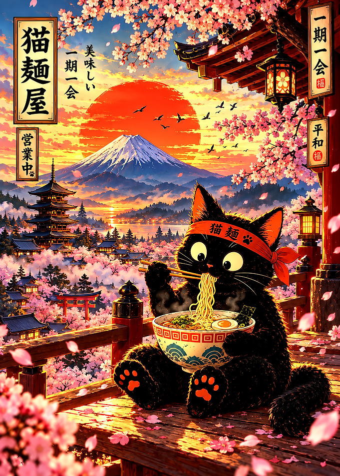 Black Cat Eating Ramen in Japan