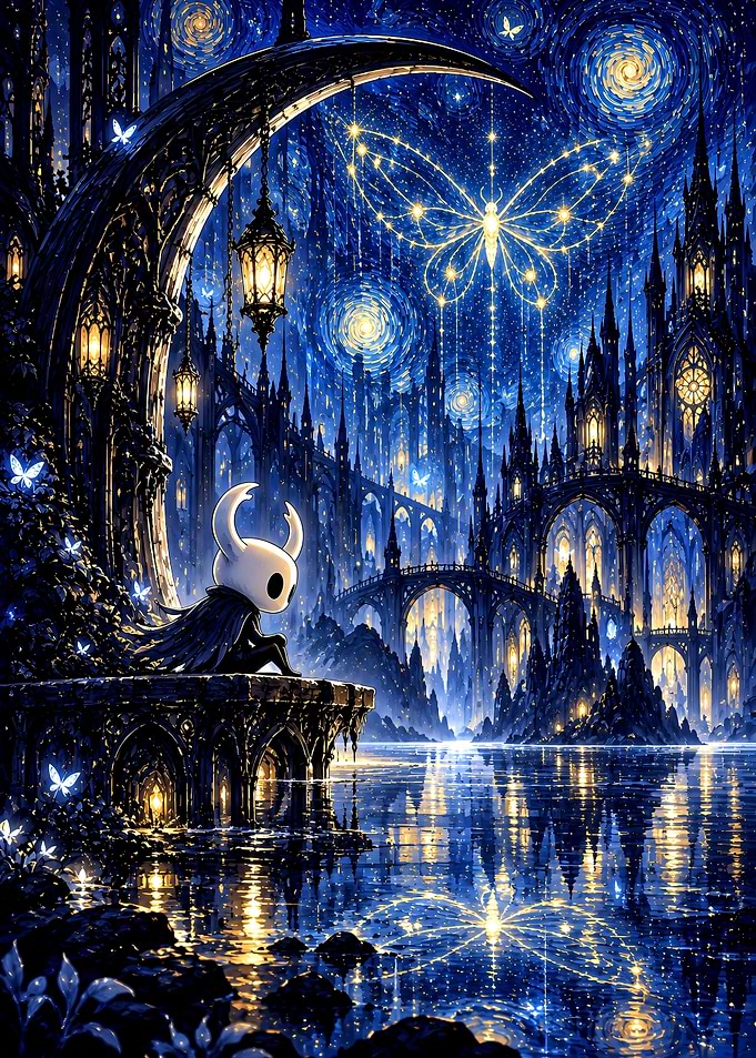 Hollow Knight in Starry Cityscape