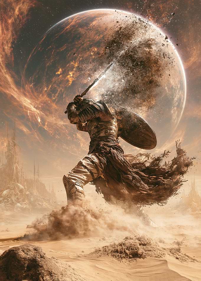 Warrior Battling Against Cosmic Destruction