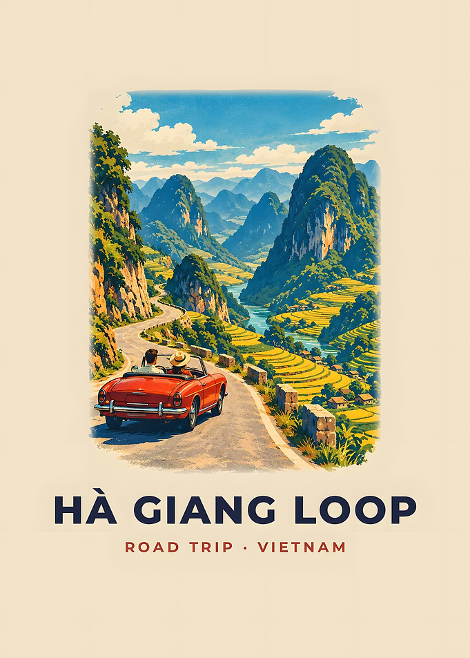 Ha Giang Loop Vintage Road Trip Poster Karst Mountains