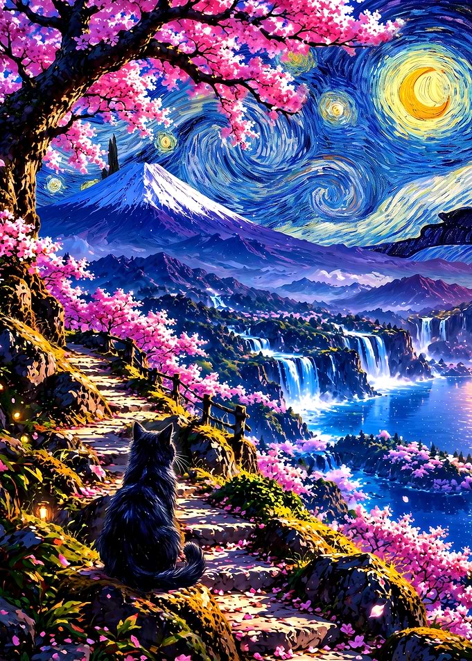 Cat Watching Starry Night Over Fuji