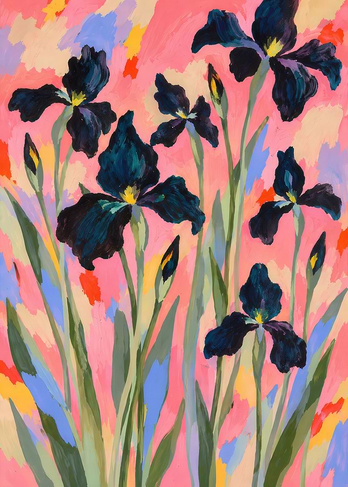 Abstract Dark Iris Floral Painting