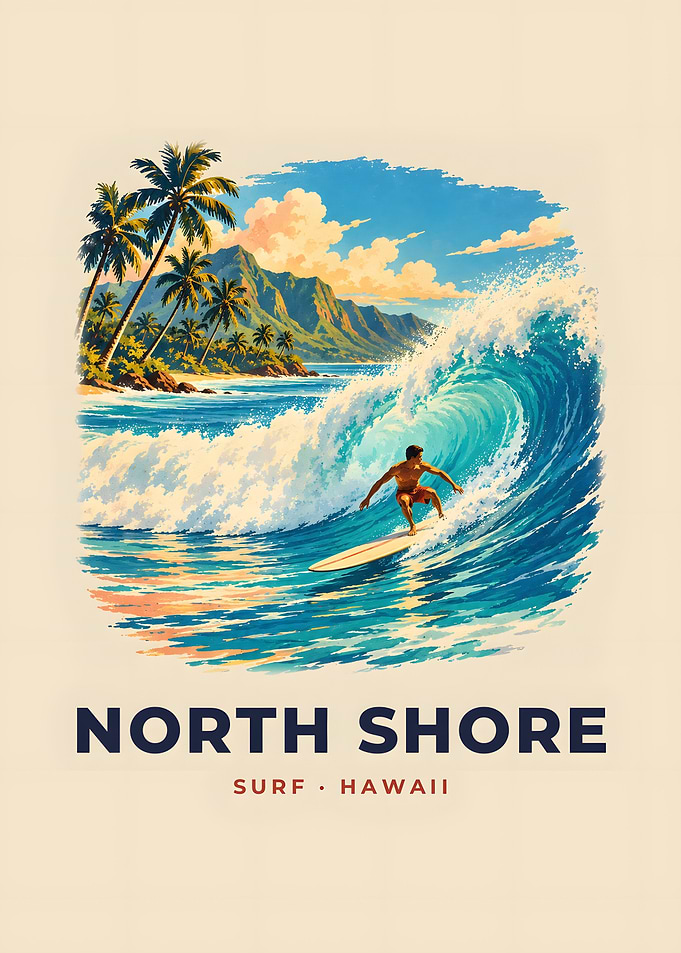 North Shore Vintage Surf Poster Barrel Wave