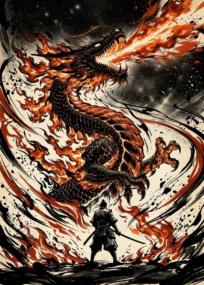 Epic Samurai Facing a Fire Dragon illustration