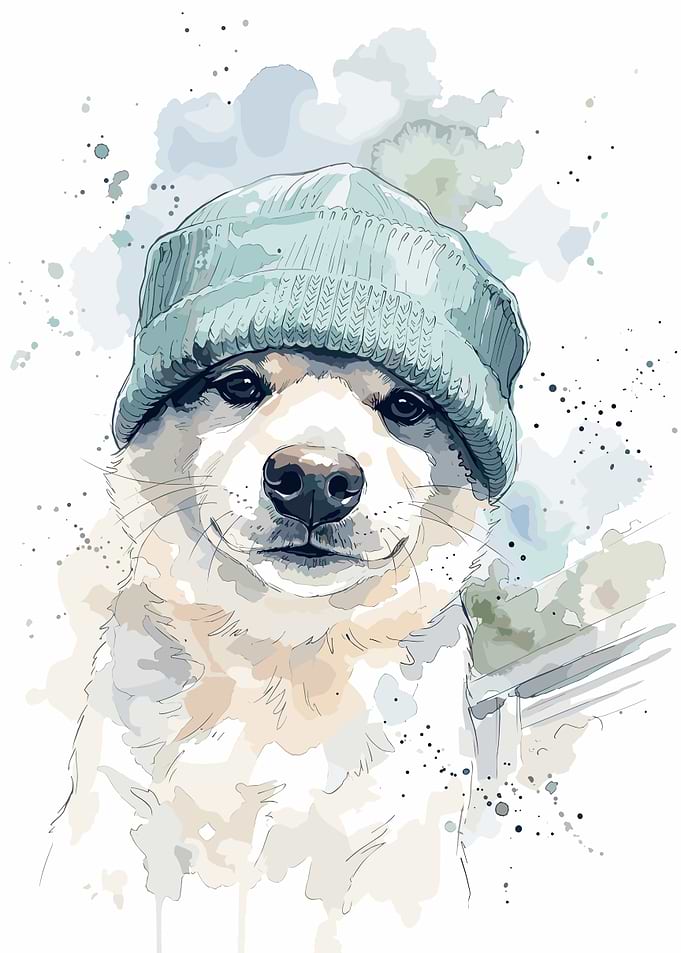 Watercolor Shiba Inu in Beanie