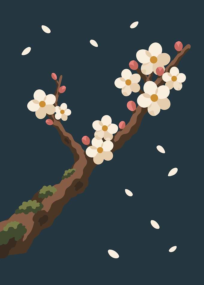 White Plum Blossoms on an Old Mossy Branch — Flat Vector Japanese Wall Art