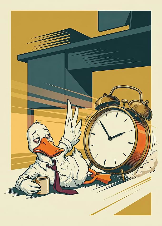 Tired Office Duck with Alarm Clock