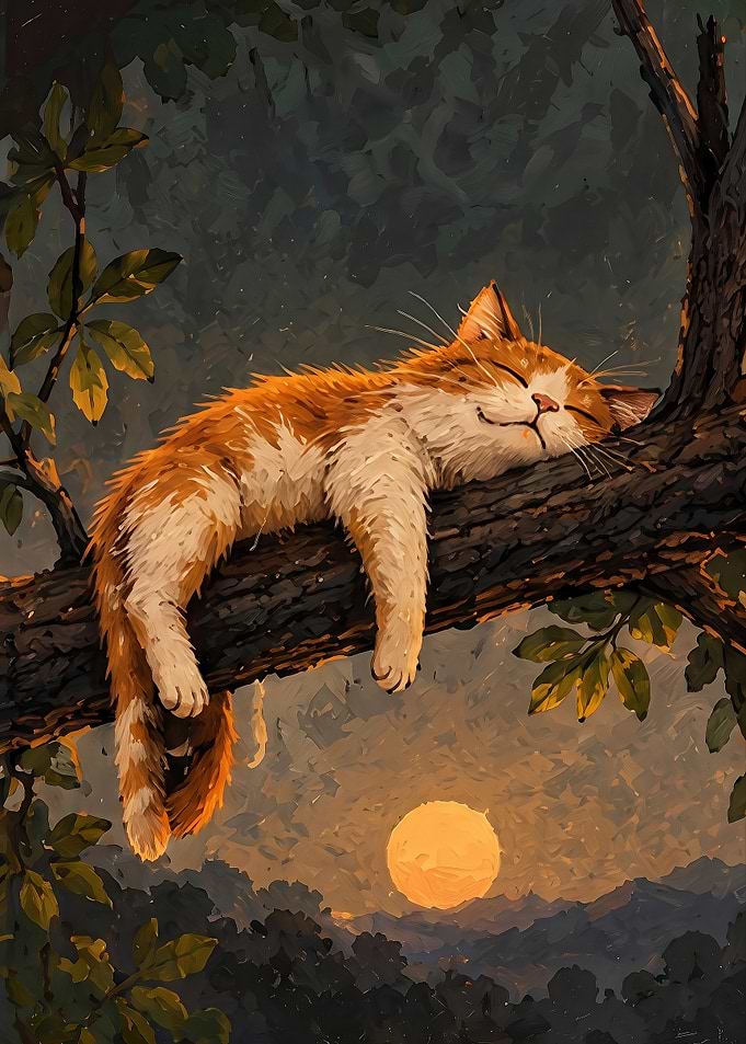 Sleeping Ginger Cat on Tree Branch