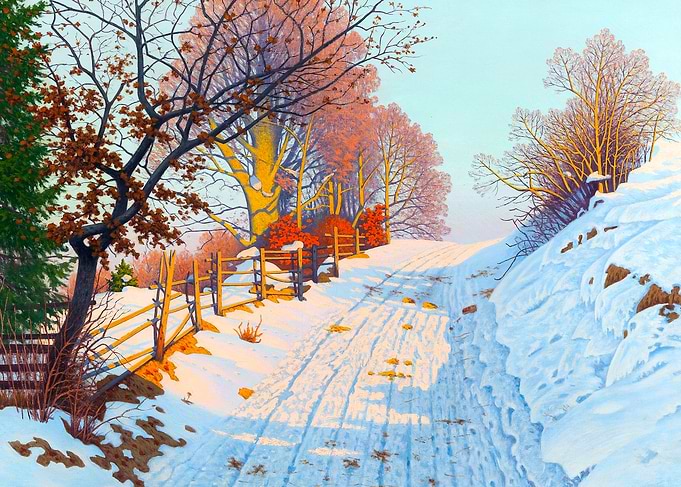 Sunny Winter Path by Fritz Muller-Landeck Snow Landscape Painting