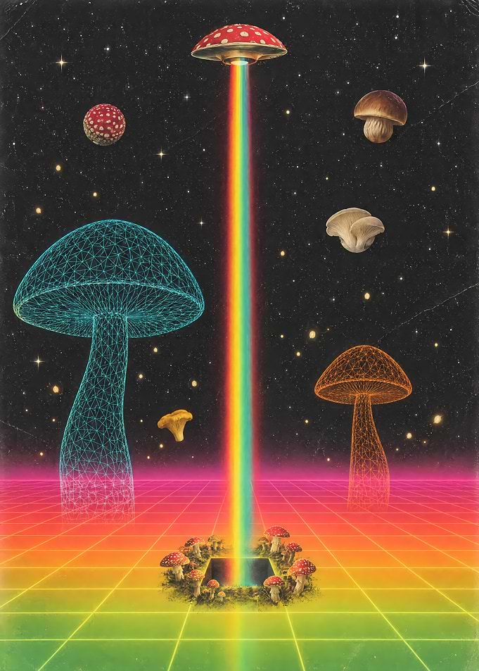 Retro Synthwave Mushroom UFO Abduction