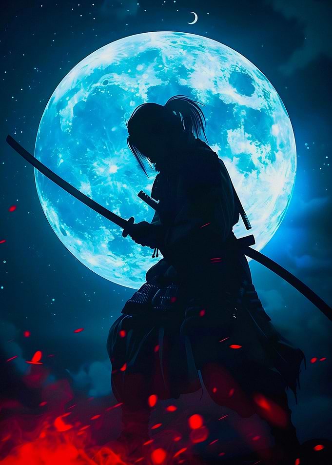 Samurai Silhouette Under Blue Moon