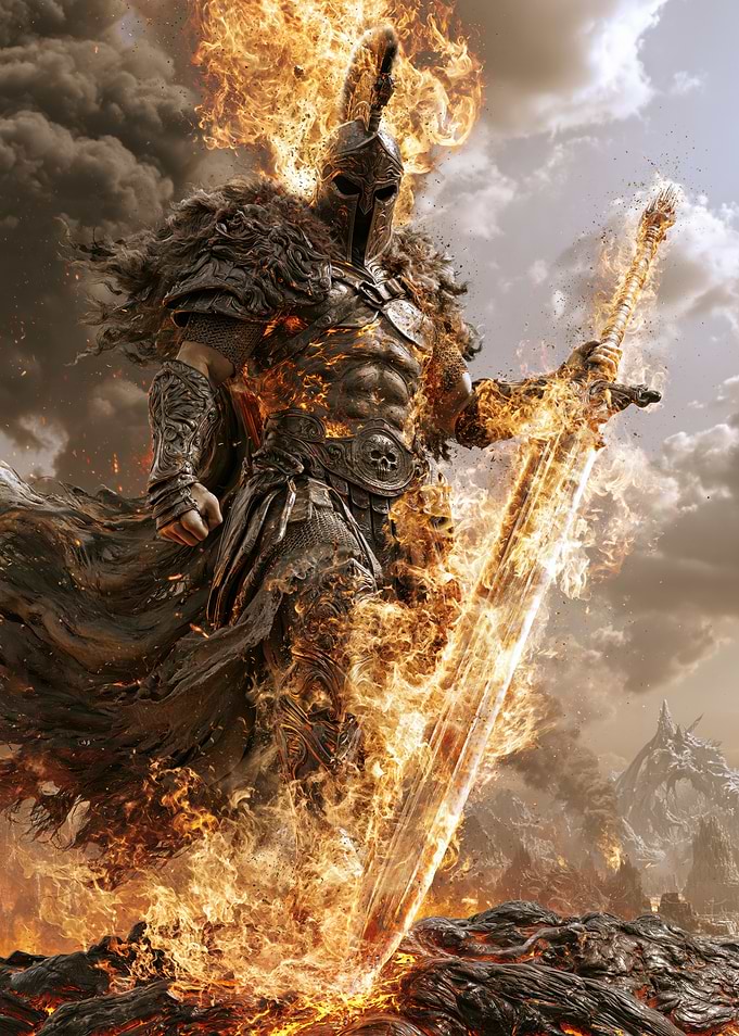 Flaming Spartan Warrior with Sword