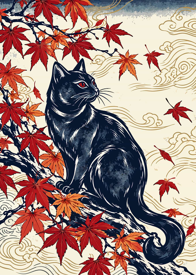 宵紅葉猫 — Japanese Ukiyo-e Black Cat in Autumn