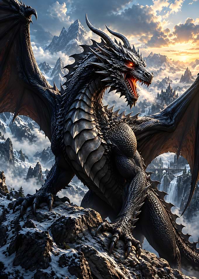 Majestic Black Dragon on Snowy Peak