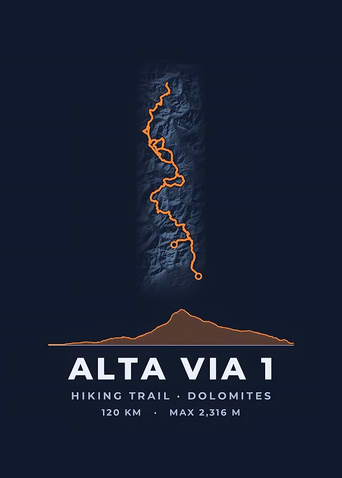 Alta Via 1 Hiking Trail Map Midnight Blue Print