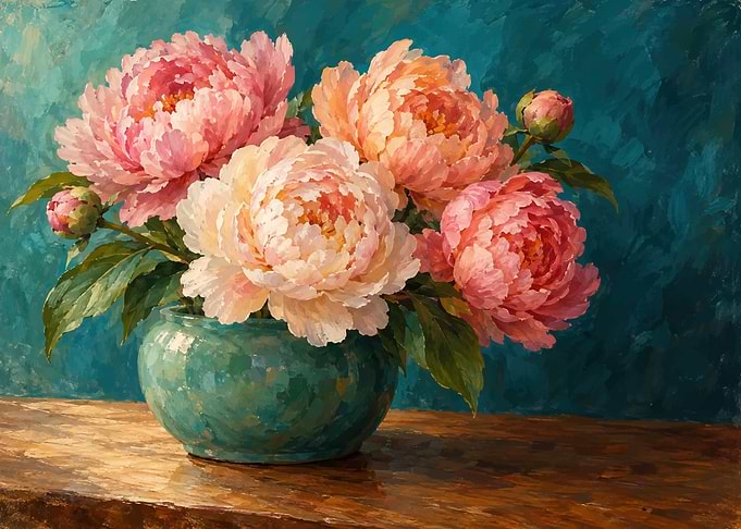 Oil Painting of Peonies in Vase