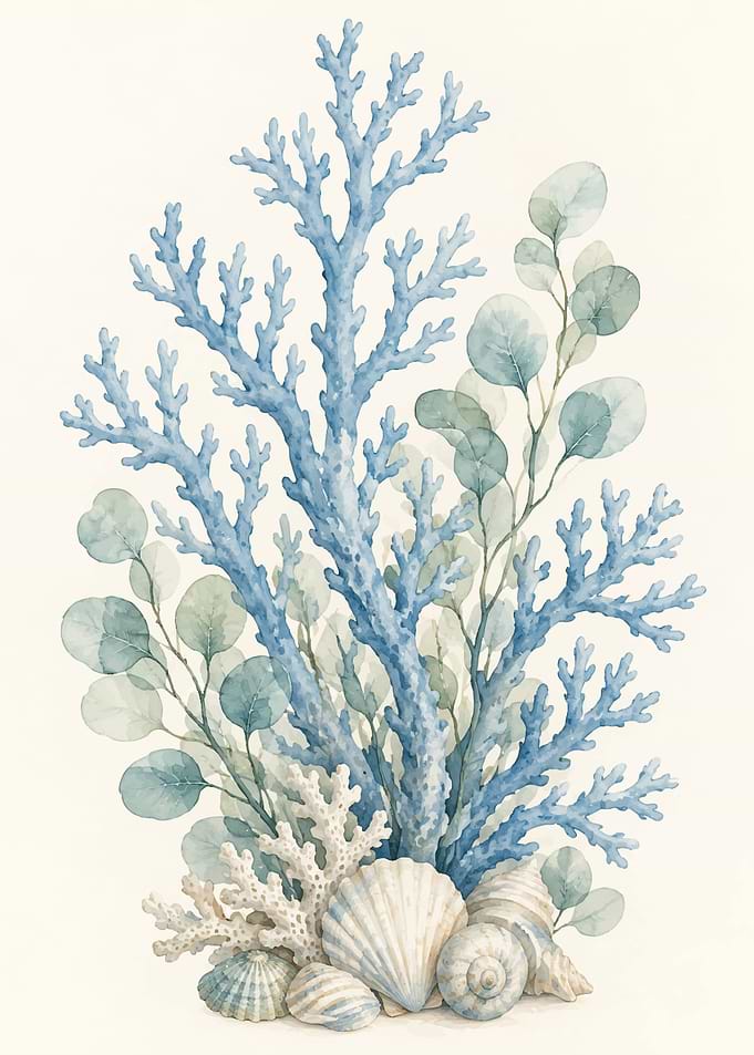 Watercolor Blue Coral and Seashell Arrangement