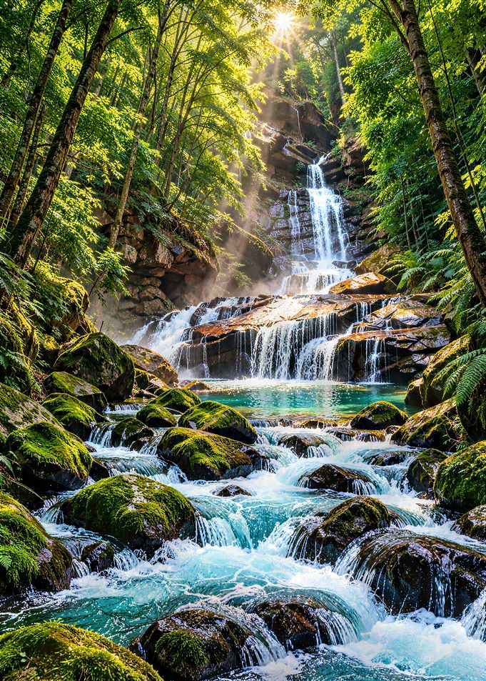 Serene Waterfall in Lush Forest