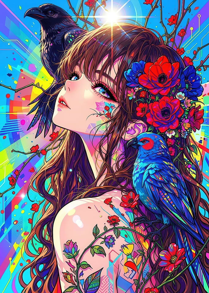 Girl with Exotic Birds