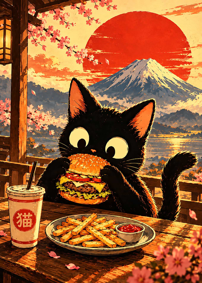 Black Cat Eating Burger in Japan