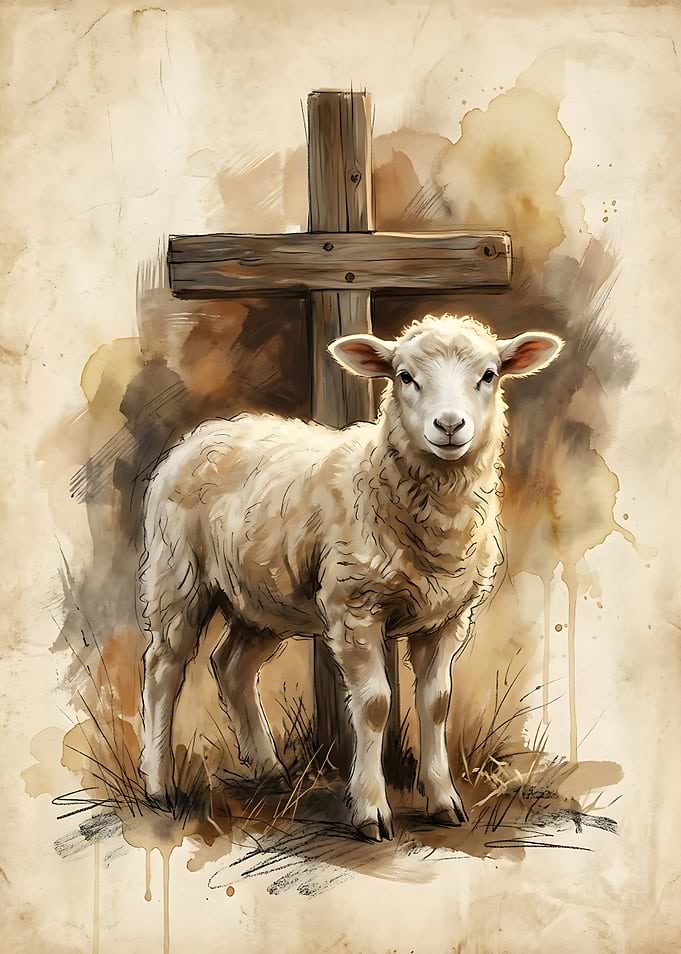 Lamb Standing Before a Wooden Cross