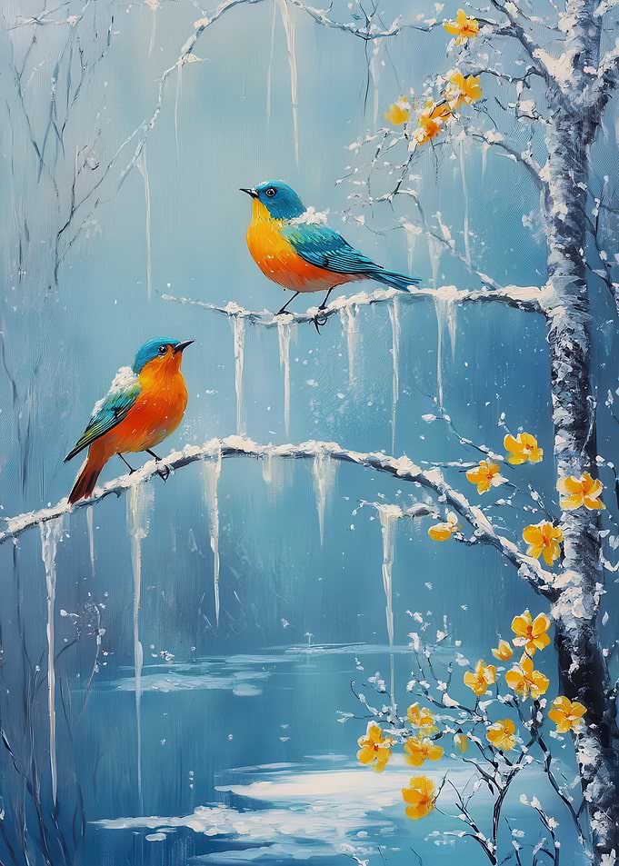 Two Birds on Snowy Winter Branches