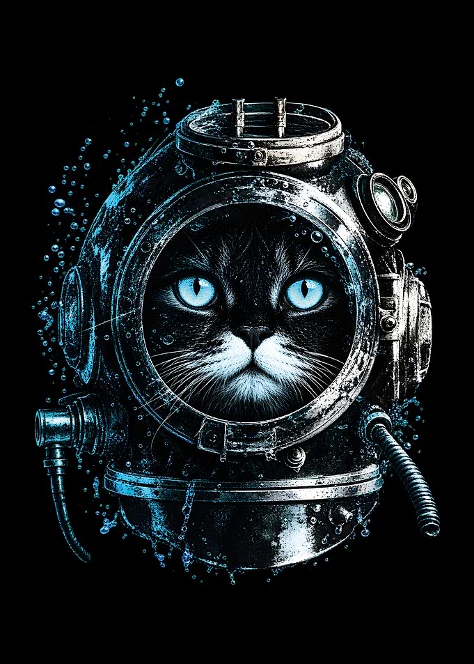Black Cat in Vintage Diving Helmet