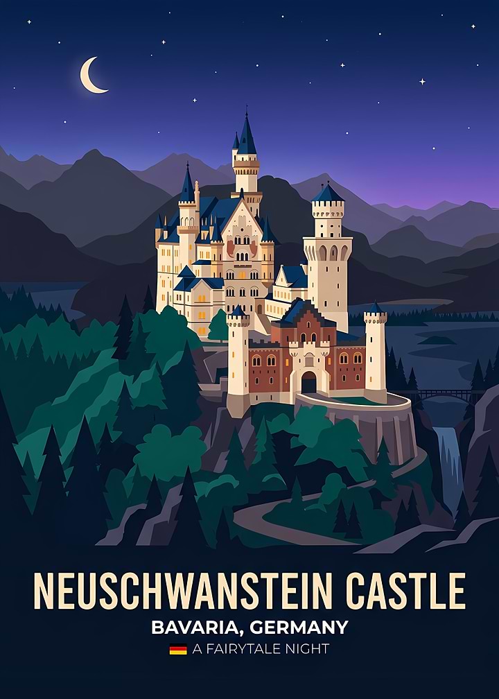 Neuschwanstein Castle Night Travel Poster