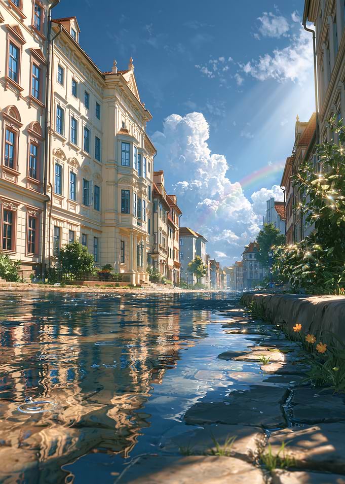 Sunlit European Street After Rain