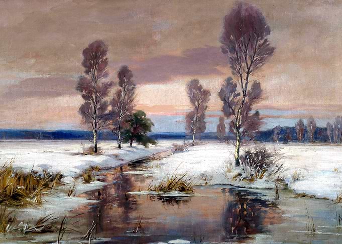 Winter Stream Landscape by Franz Schreyer Snow Painting