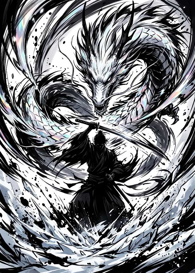 Samurai Facing a Mythical Dragon