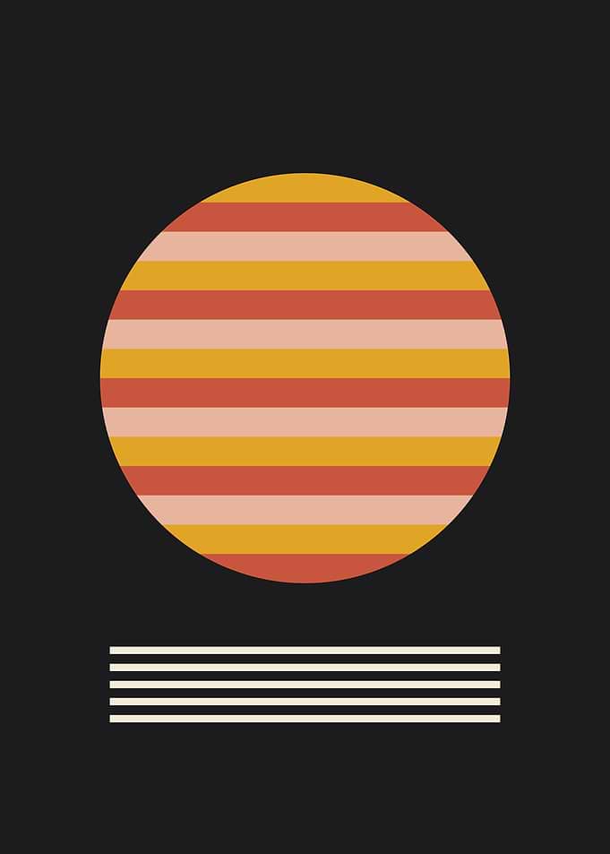 Striped Retro Sun Black Mid Century Print