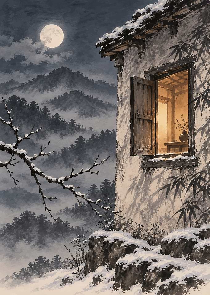 Snowy Mountain Cabin Under Full Moon
