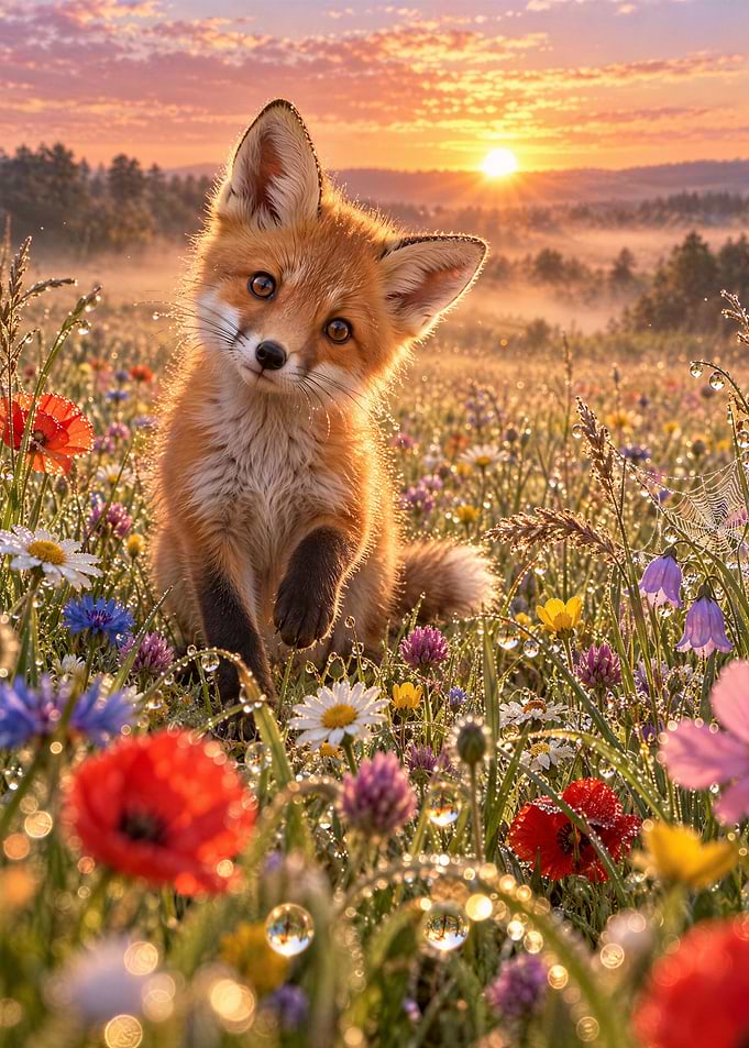 Cute Fox in Morning Meadow