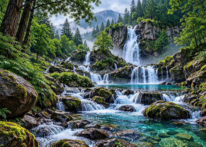 Serene Waterfall in Lush Forest