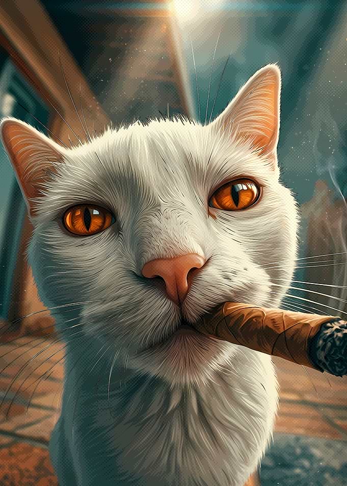 Tough White Cat Smoking Cigar