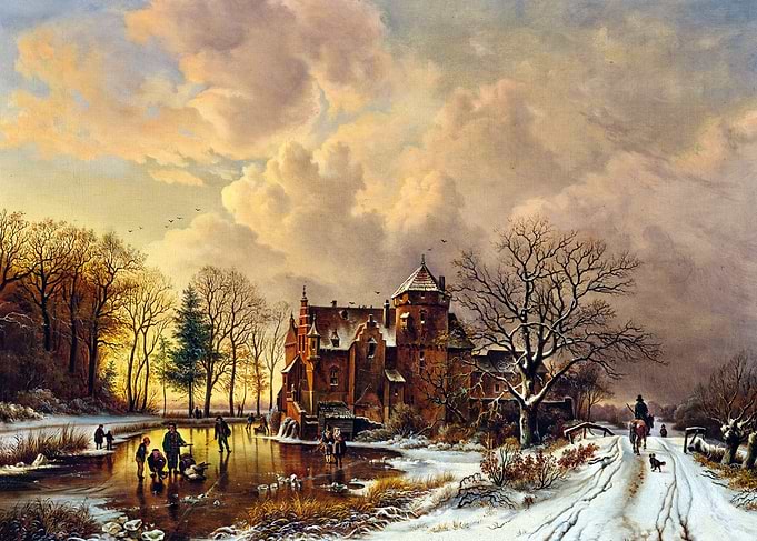 Ice Skating at the Moated Castle by Johann Anton Castell Winter Snow Landscape Painting